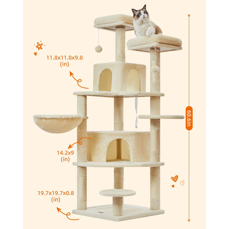 Tucker Murphy Pet Cat Tree 60.6 Inch Cat Tower for Indoor Cats Large Adult Multi Level Cat Condo with 8 Cat Scratching Posts 2 Perches 2 Big Caves Hammock 2